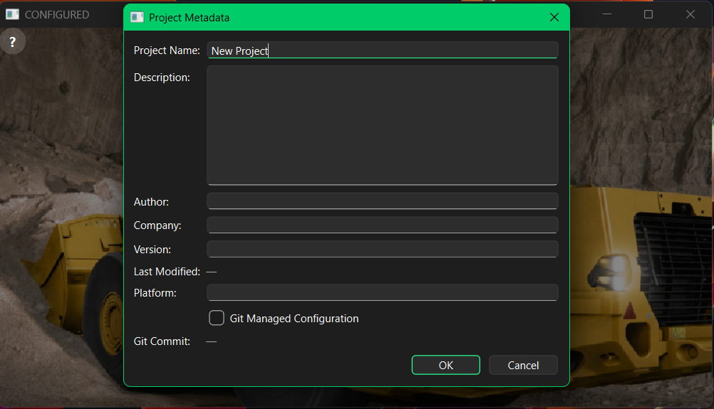 CONFIGURED project metadata dialog